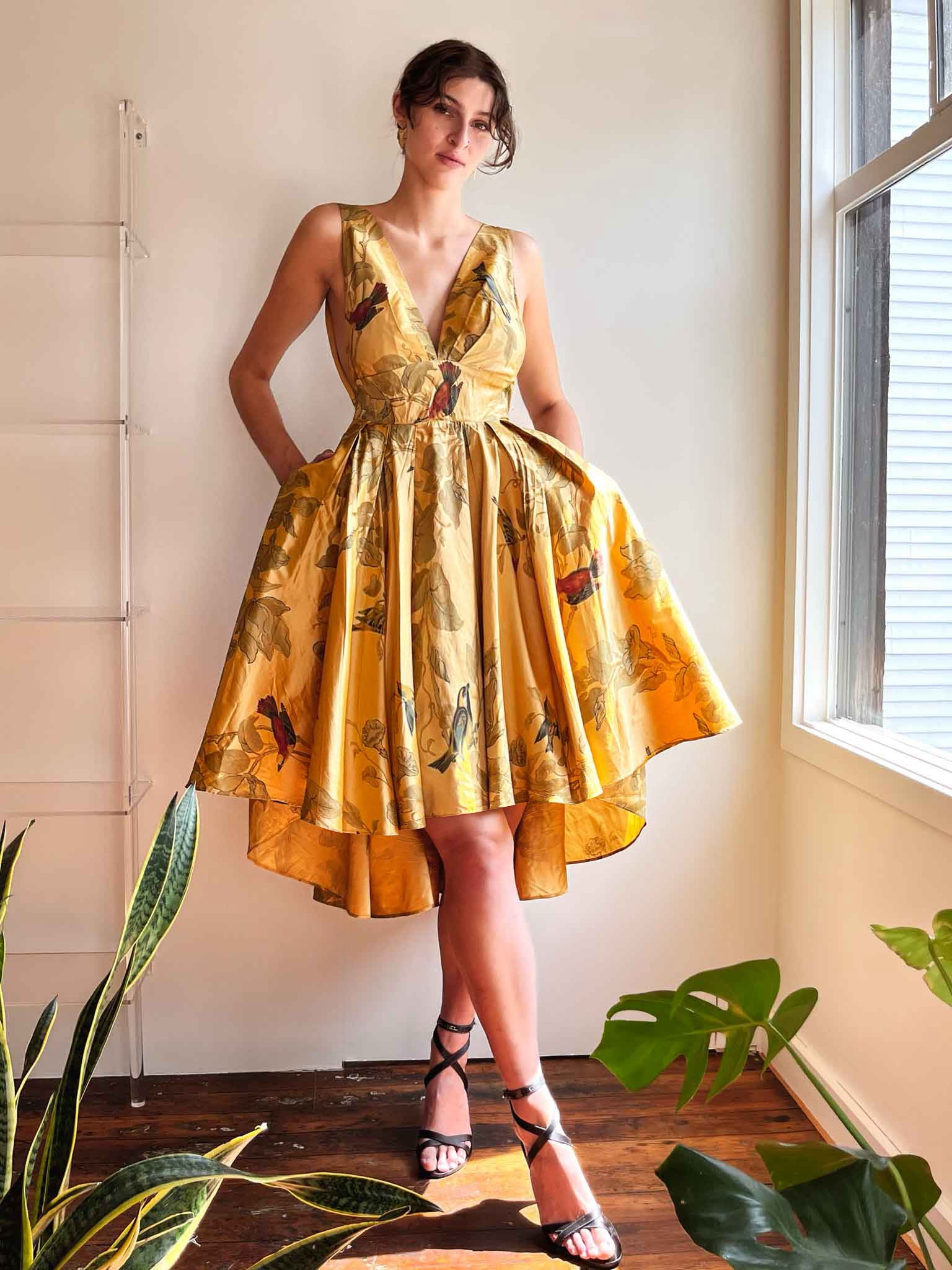 1950s Silk Bird Print Dress | M