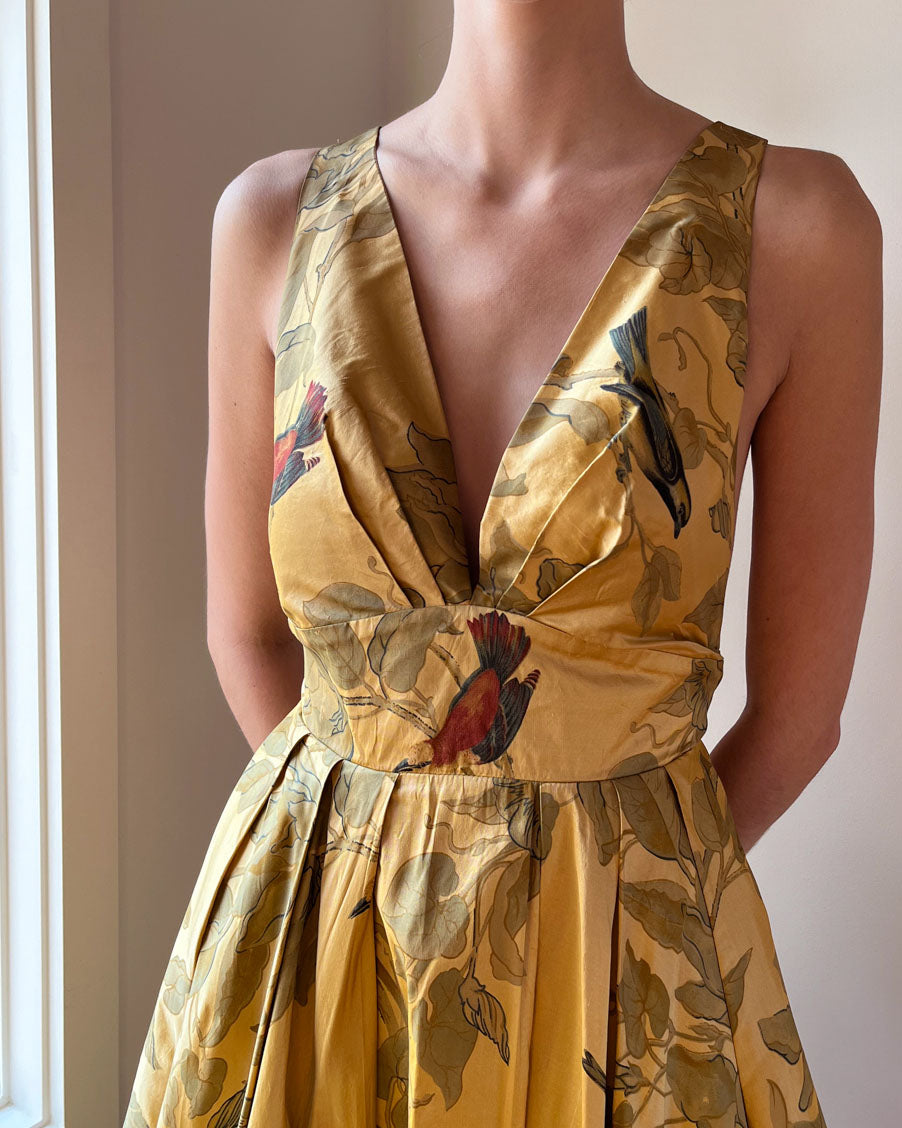 1950s Silk Bird Print Dress | M
