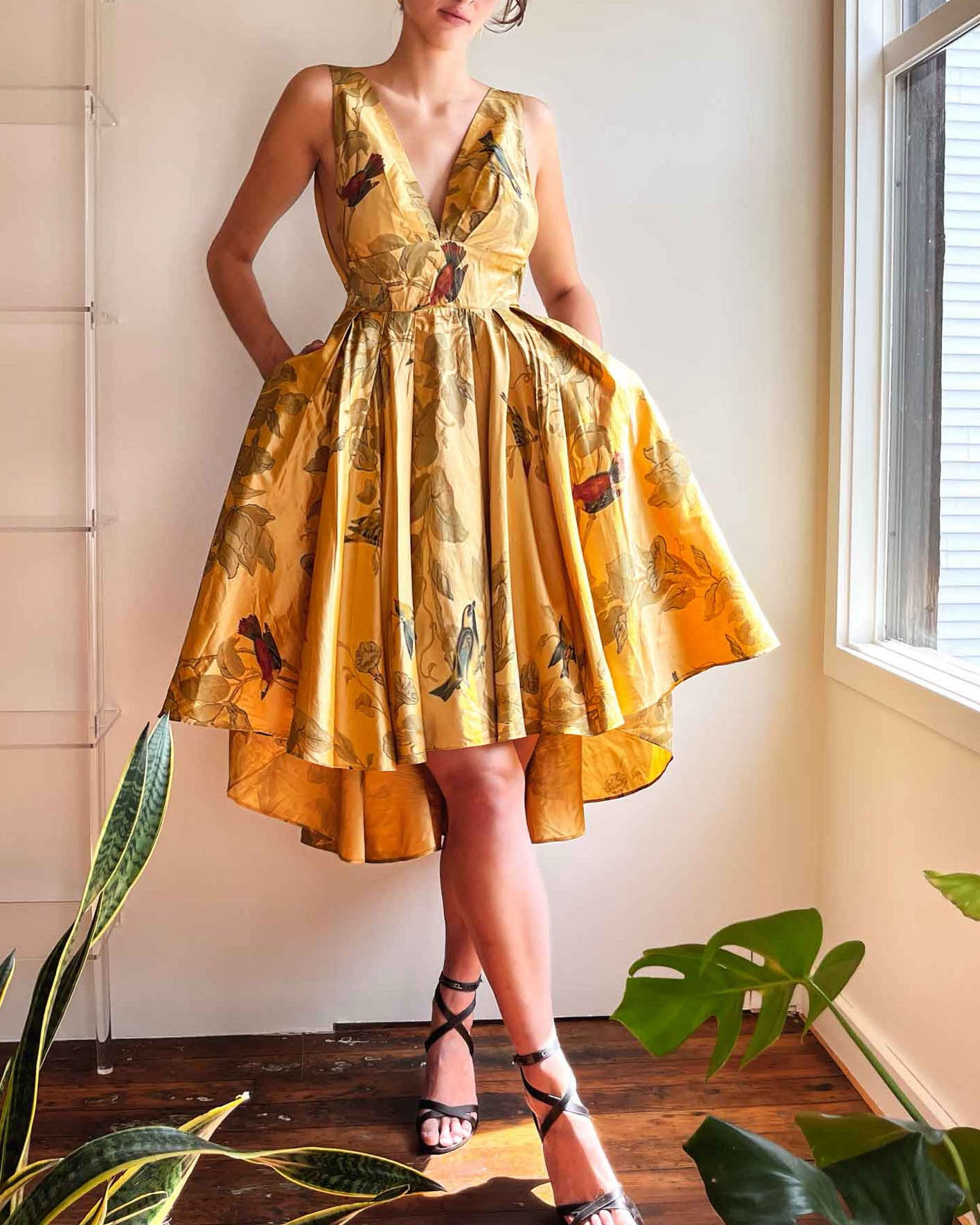 1950s Silk Bird Print Dress | M