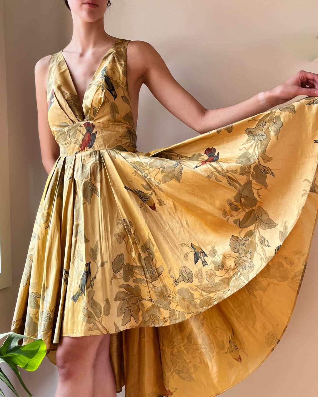 1950s Silk Bird Print Dress | M