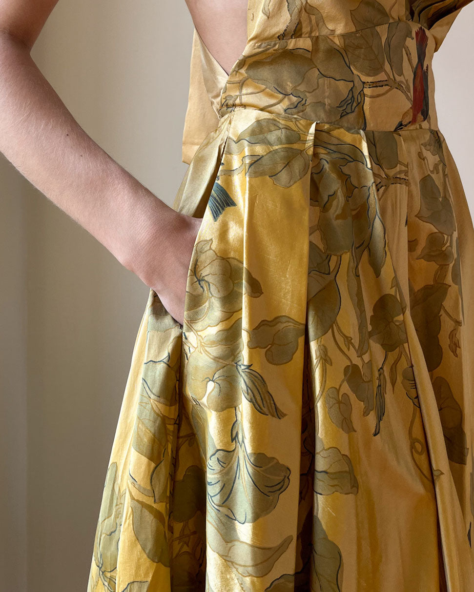 1950s Silk Bird Print Dress | M