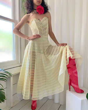 50s Strapless Yellow Lace Dress