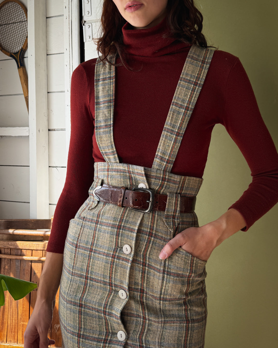 80s Plaid Suspender Skirt | S