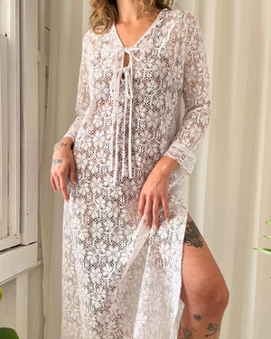 60s White Lace Maxi Dress | M