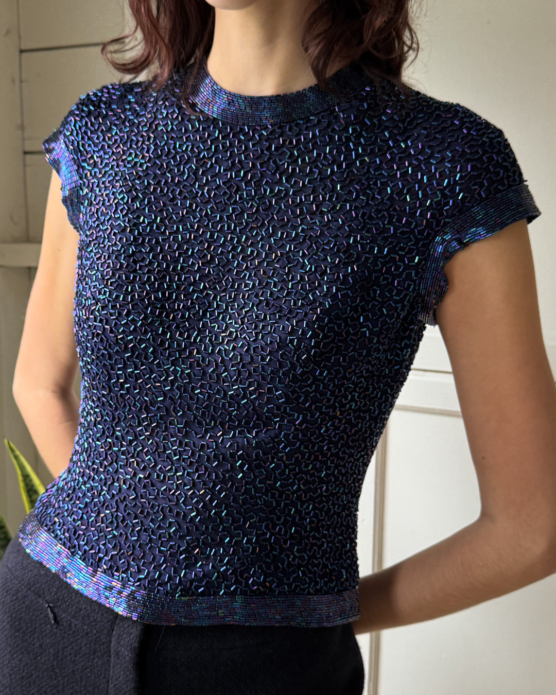 60s Beaded Silk Top | S-M