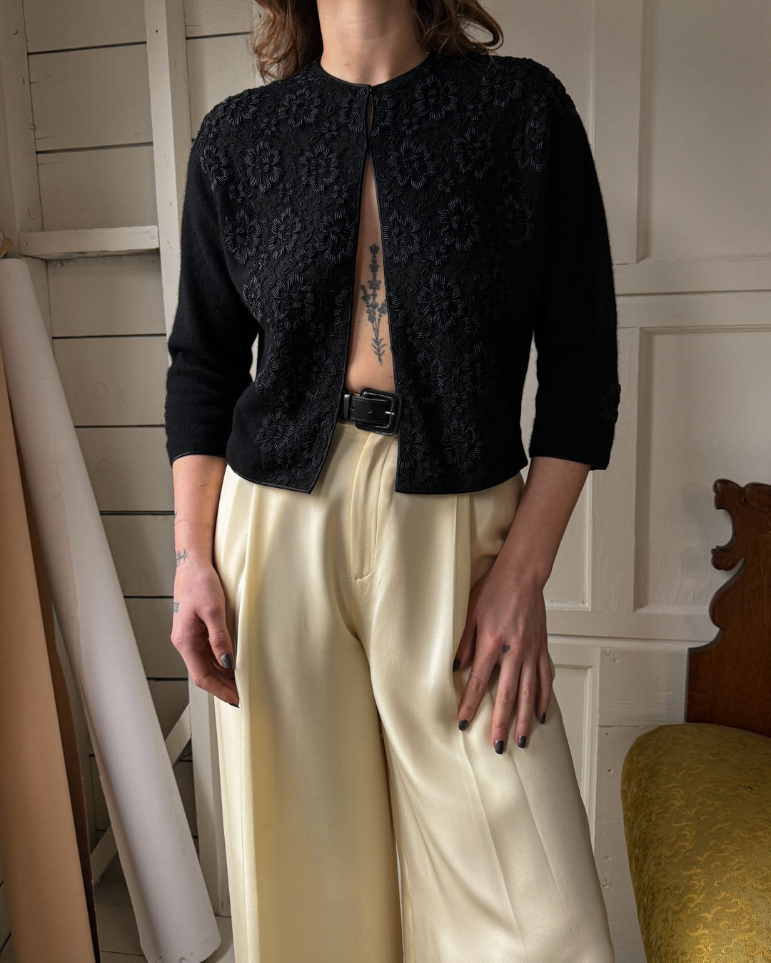 60s Beaded Lace & Wool Cardigan | M-L