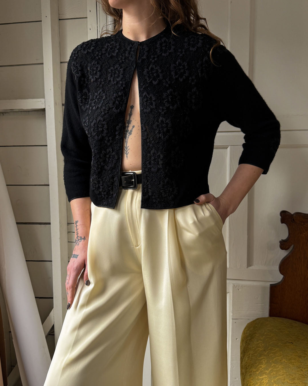 60s Beaded Lace & Wool Cardigan | M-L