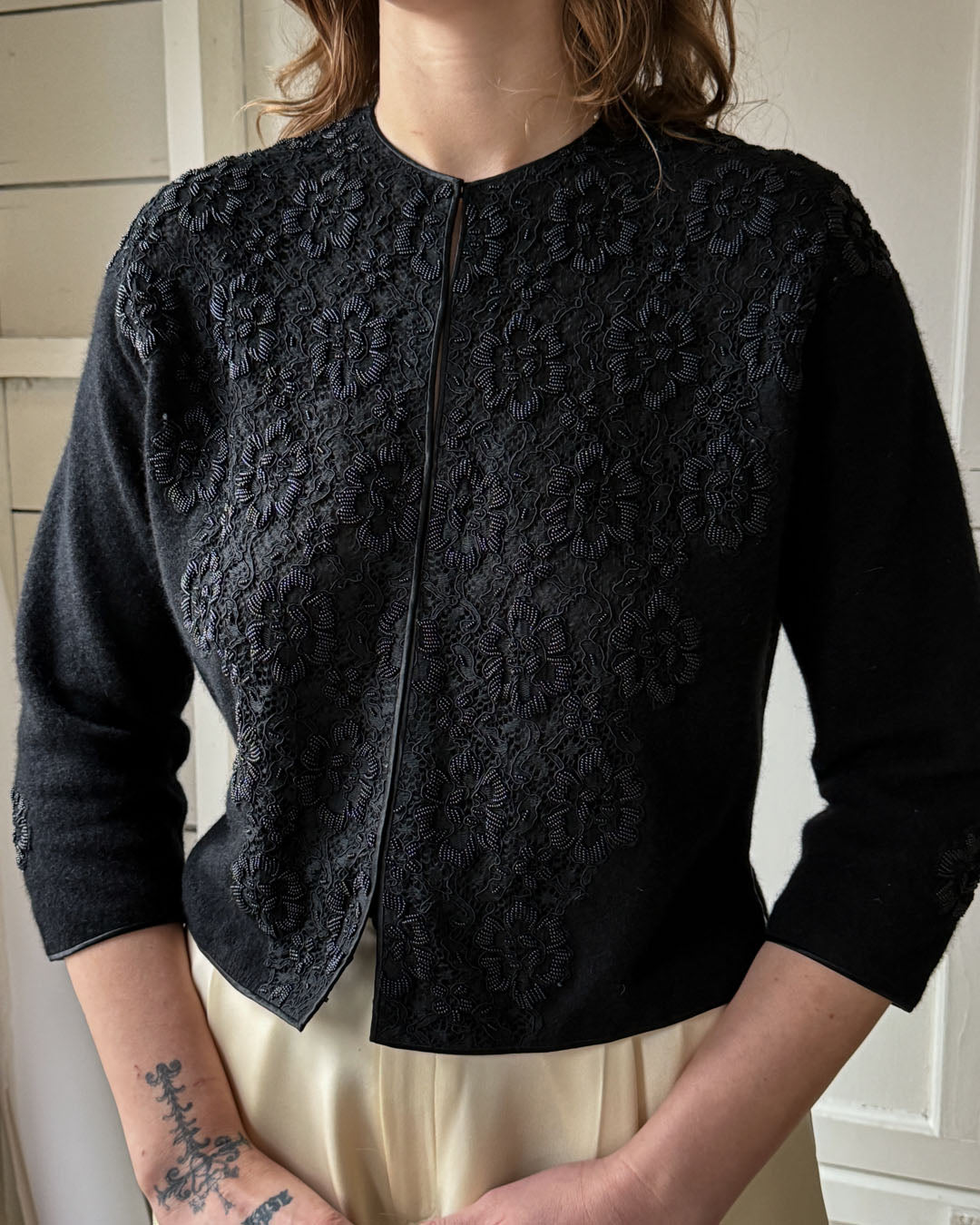 60s Beaded Lace & Wool Cardigan | M-L