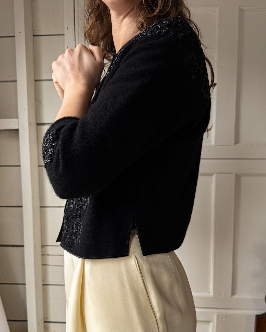 60s Beaded Lace & Wool Cardigan | M-L