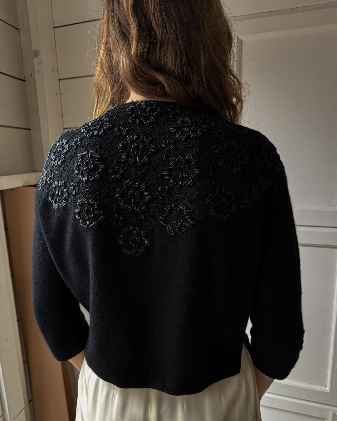 60s Beaded Lace & Wool Cardigan | M-L
