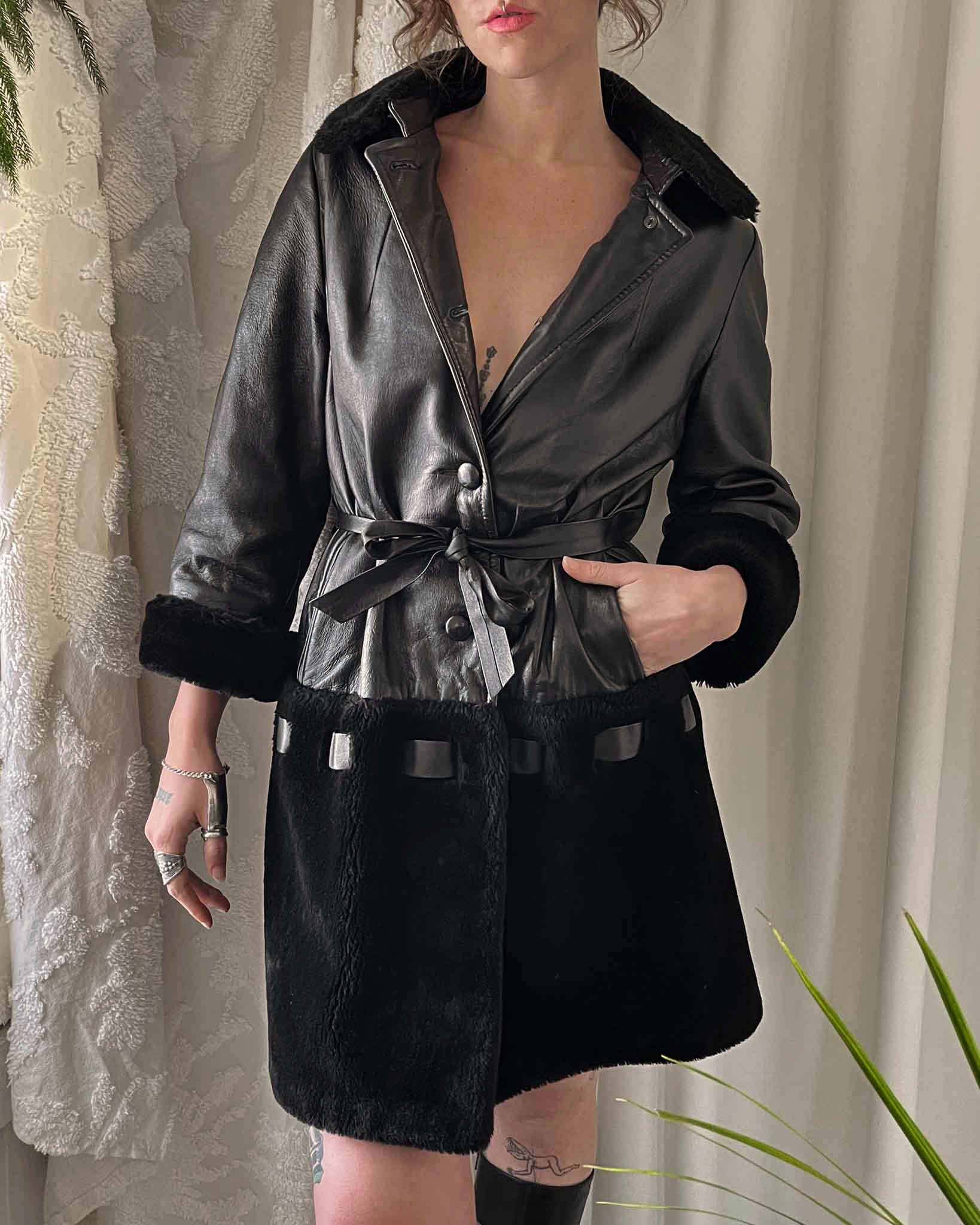 60s Belted Mod Leather Coat | S-M