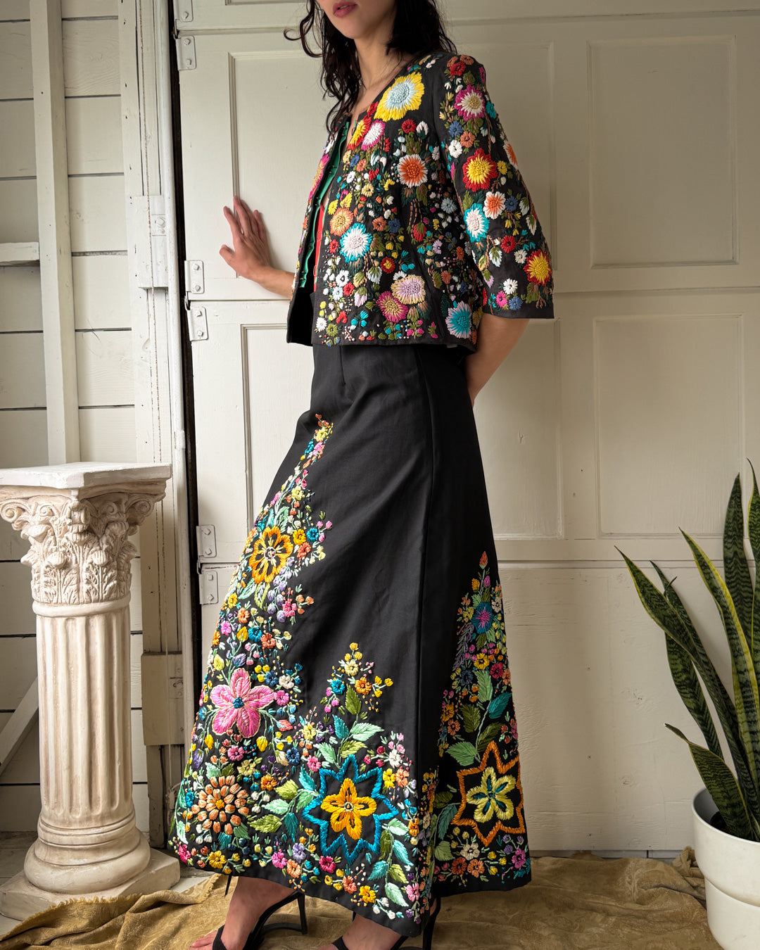 60s Raffia Embroidered Skirt | M