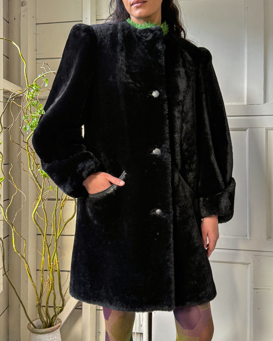70s Black Mouton Lamb Fur Coat | S-M