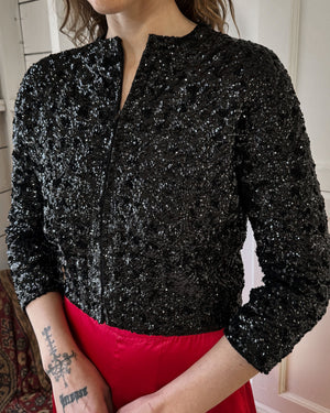 60s Black Sequined Cardigan Jacket | M