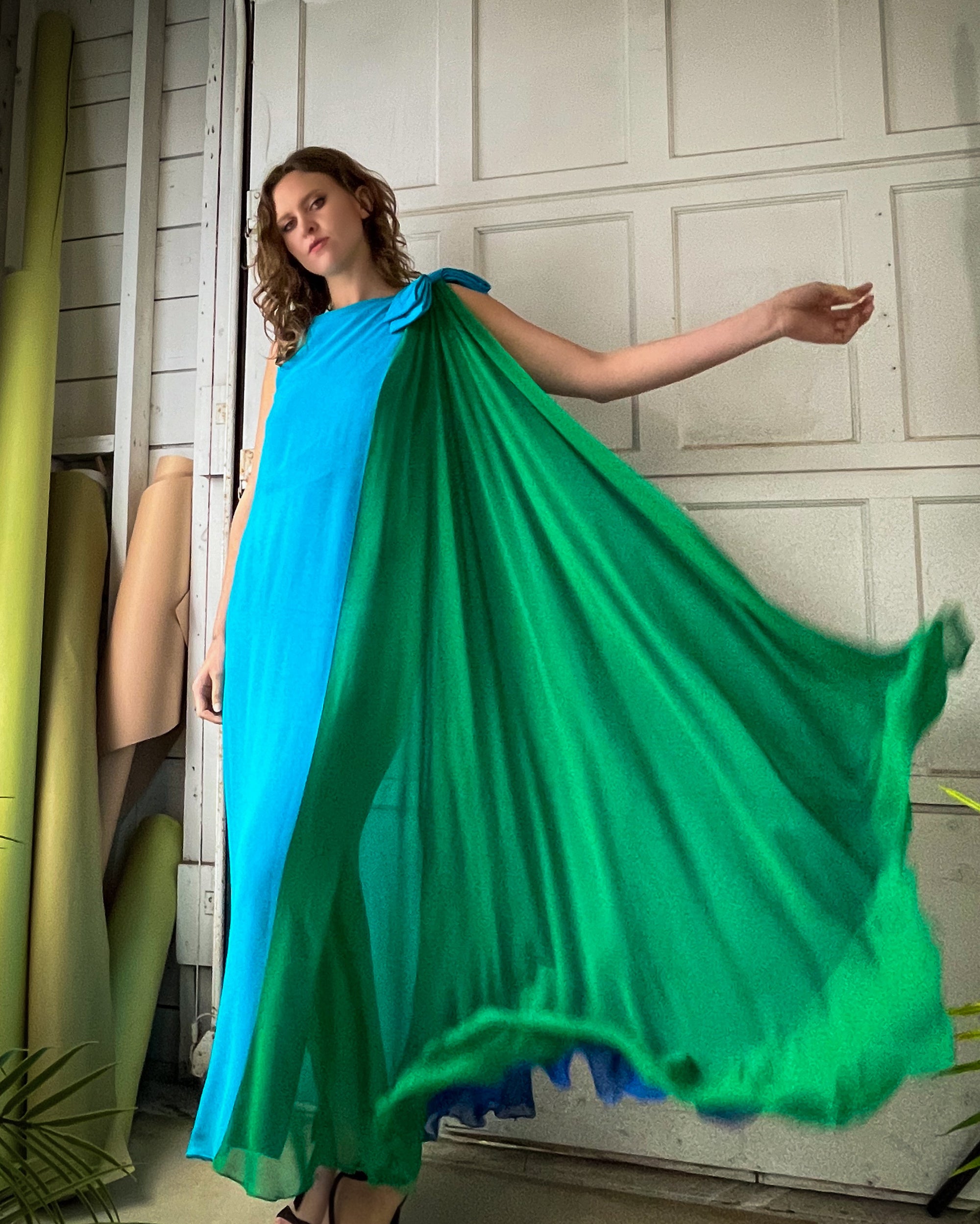 70s Colorblock Silk Gown | M