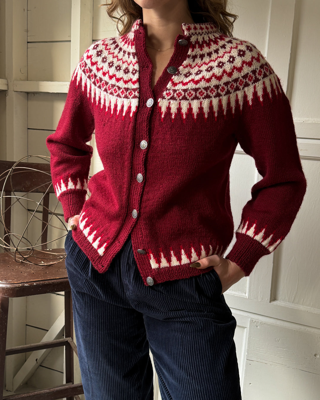 60s Cranberry Fair Isle Cardigan | M