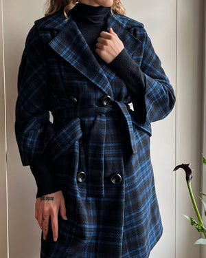 60s Blue Plaid Cashmere Coat | S-M