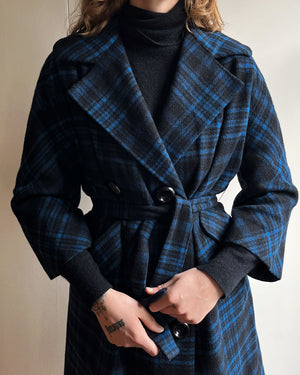 60s Blue Plaid Cashmere Coat | S-M