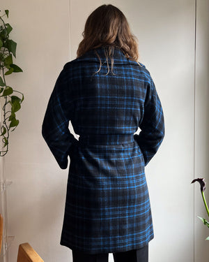 60s Blue Plaid Cashmere Coat | S-M