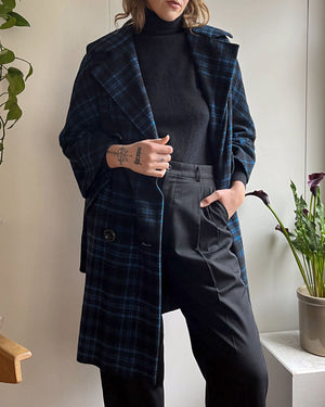 60s Blue Plaid Cashmere Coat | S-M