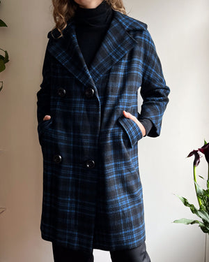 60s Blue Plaid Cashmere Coat | S-M