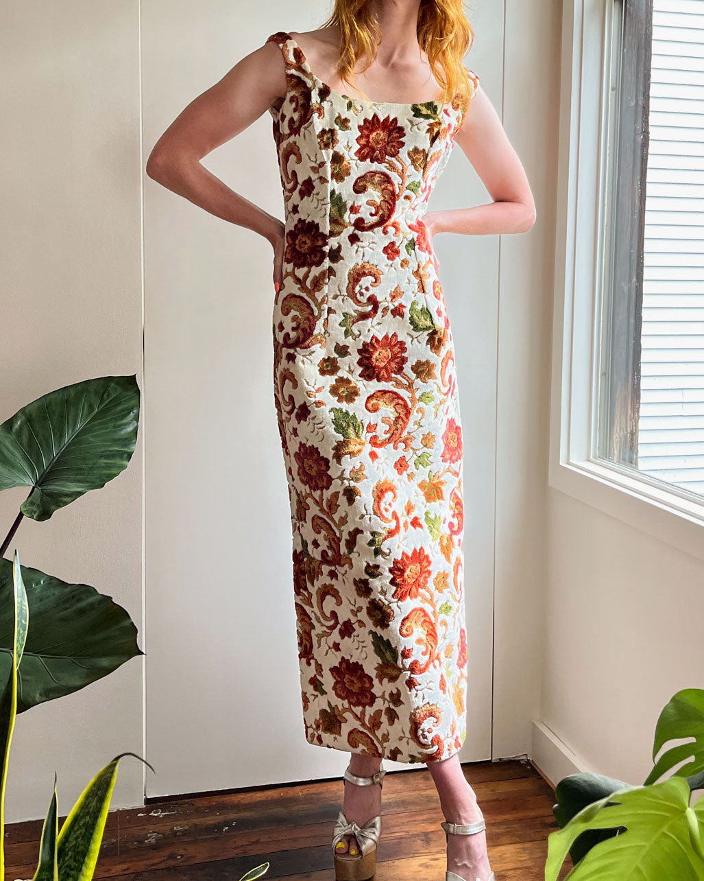 60s Floral Chenille Maxi Dress | S - Lucky Vintage 60s Floral Chenille Maxi Dress | S - Lucky Vintage
