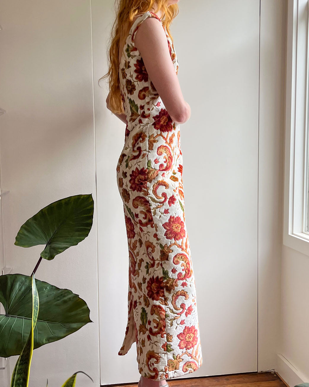 60s Floral Chenille Maxi Dress | S
