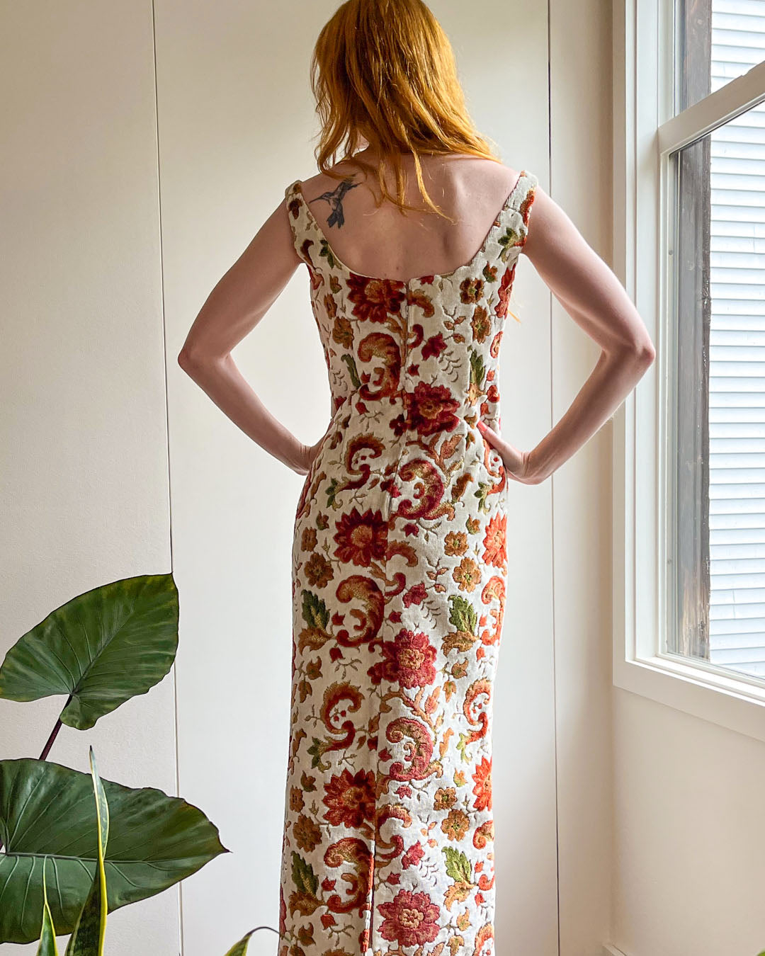 60s Floral Chenille Maxi Dress | S - Lucky Vintage 60s Floral Chenille Maxi Dress | S - Lucky Vintage