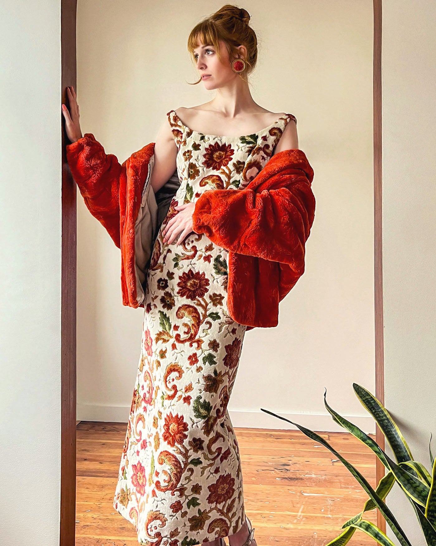 60s Floral Chenille Maxi Dress | S 60s Floral Chenille Maxi Dress | S