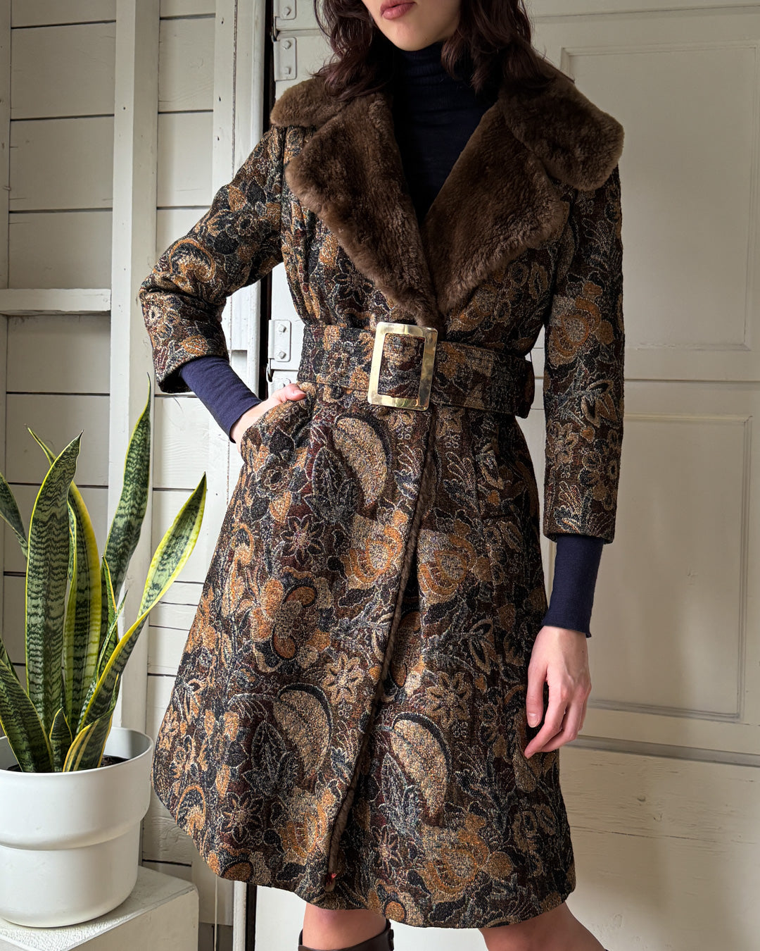60s Fur Lined Tapestry Coat | S-M - Lucky Vintage