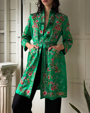 70s Green Embroidered Robe | M