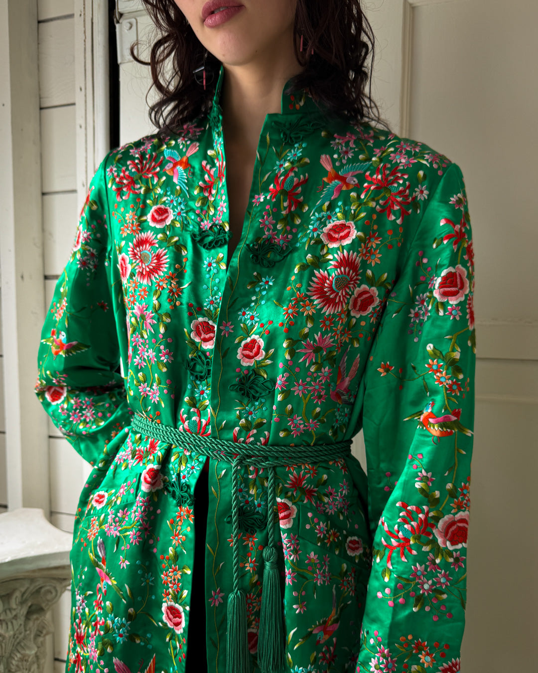 70s Green Embroidered Robe | M