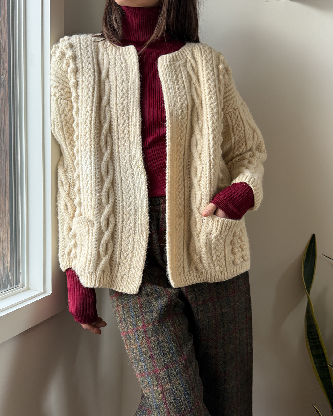 60s Chunky Cable Knit Wool Cardigan | S-M
