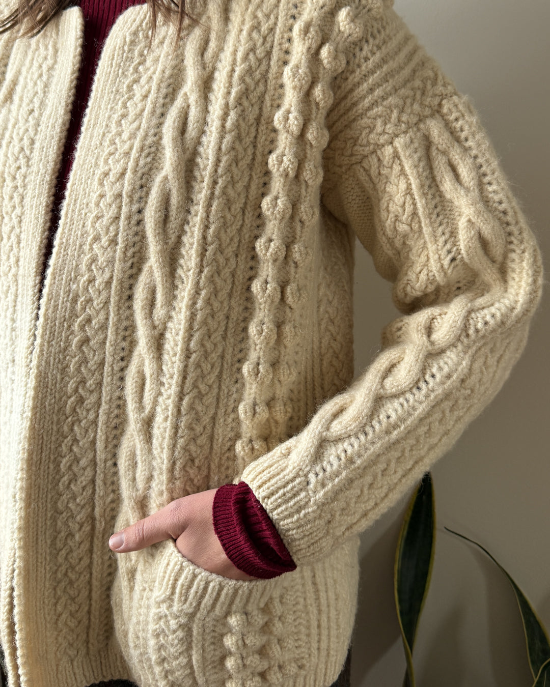 60s Chunky Cable Knit Wool Cardigan | S-M