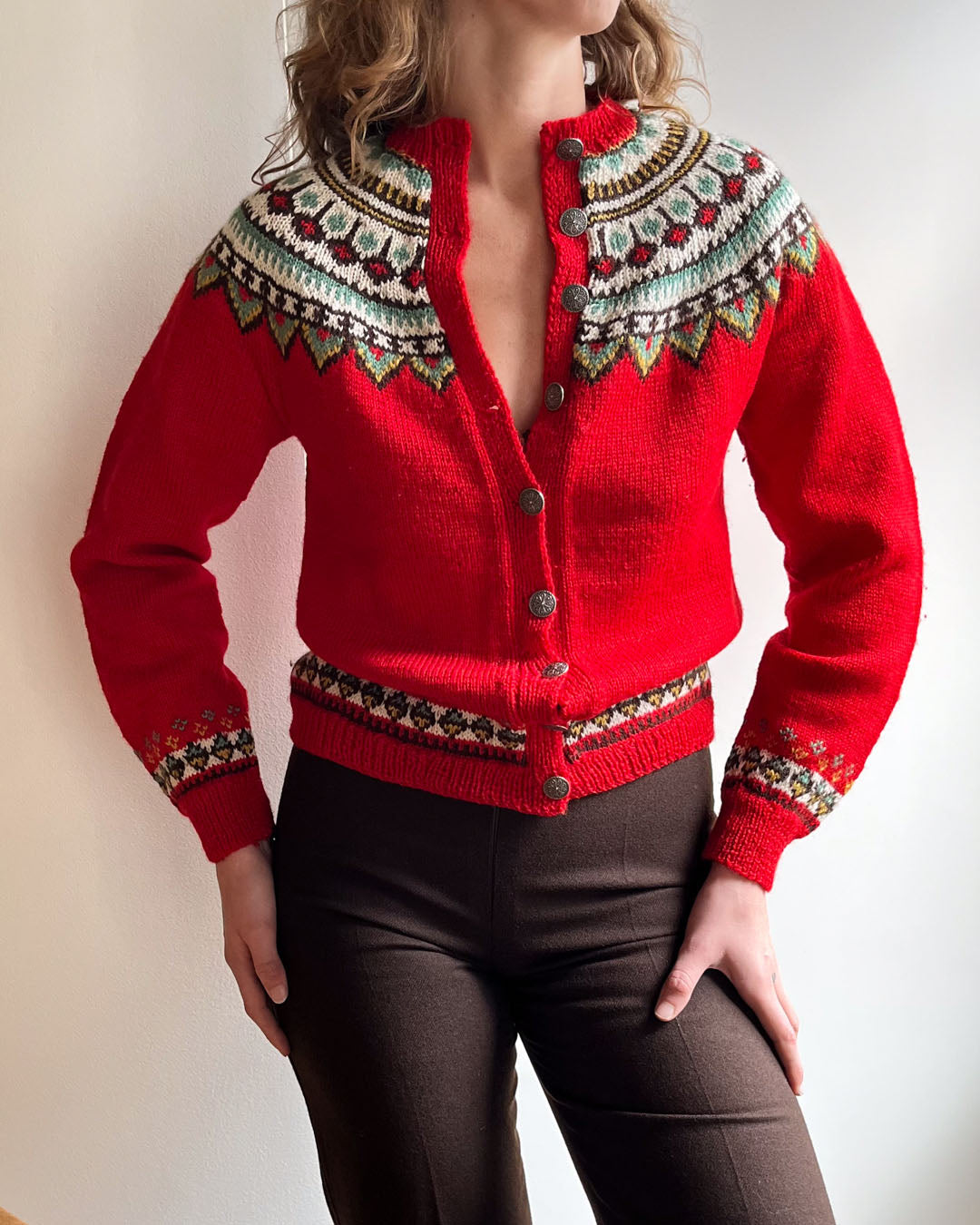 60s Red Fair Isle Cardigan | S-M