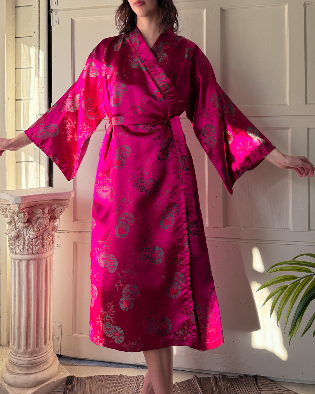 60s Style Robe 60s Fuchsia Silk Robe | OSFM - Lucky Vintage