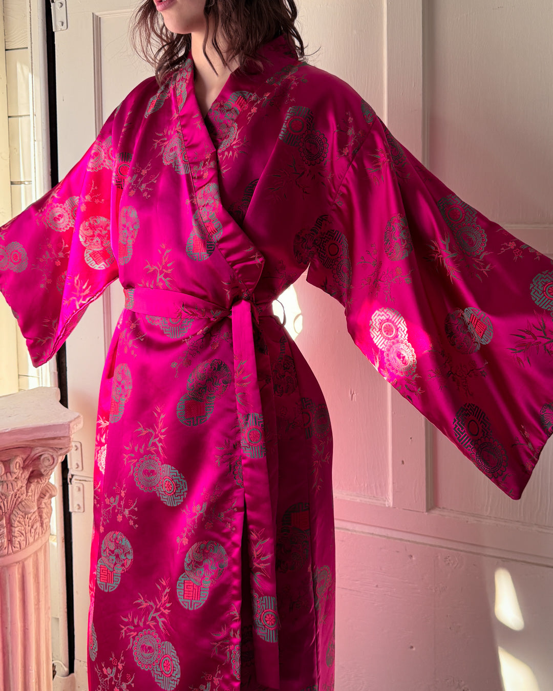 60s Style Robe 60s Fuchsia Silk Robe | OSFM - Lucky Vintage