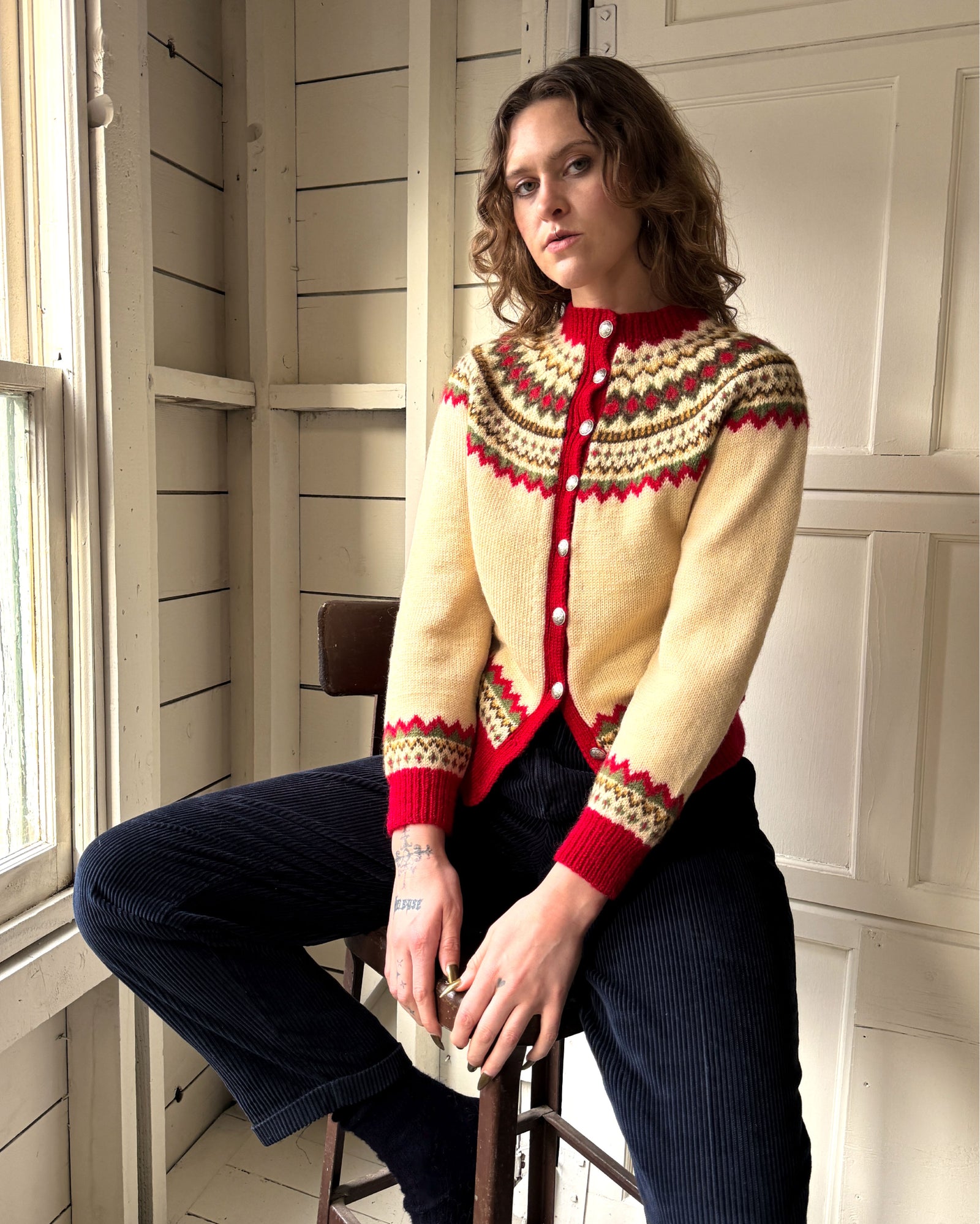 60s Ivory Fair Isle Scandinavian Cardigan | M