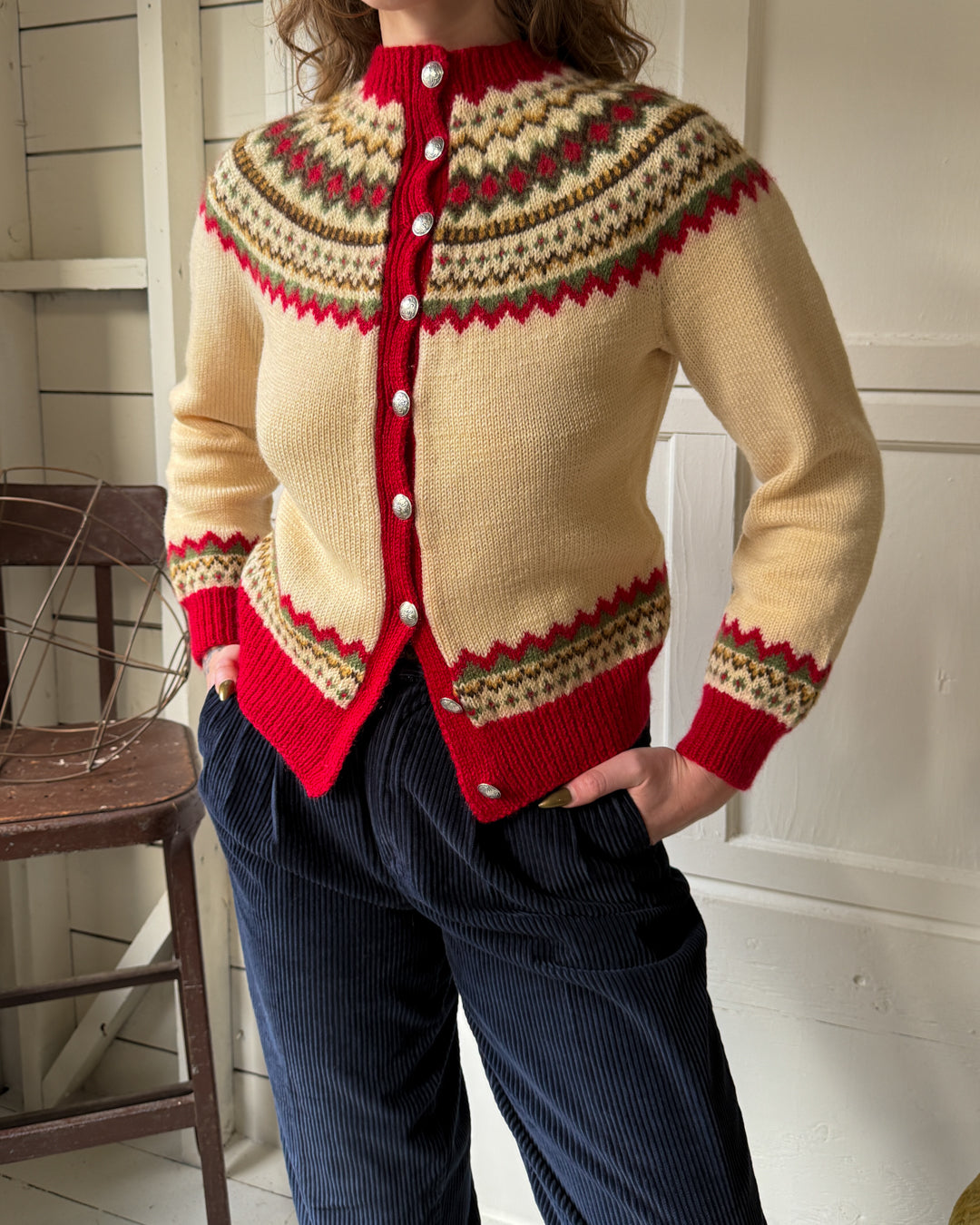 60s Ivory Fair Isle Scandinavian Cardigan | M