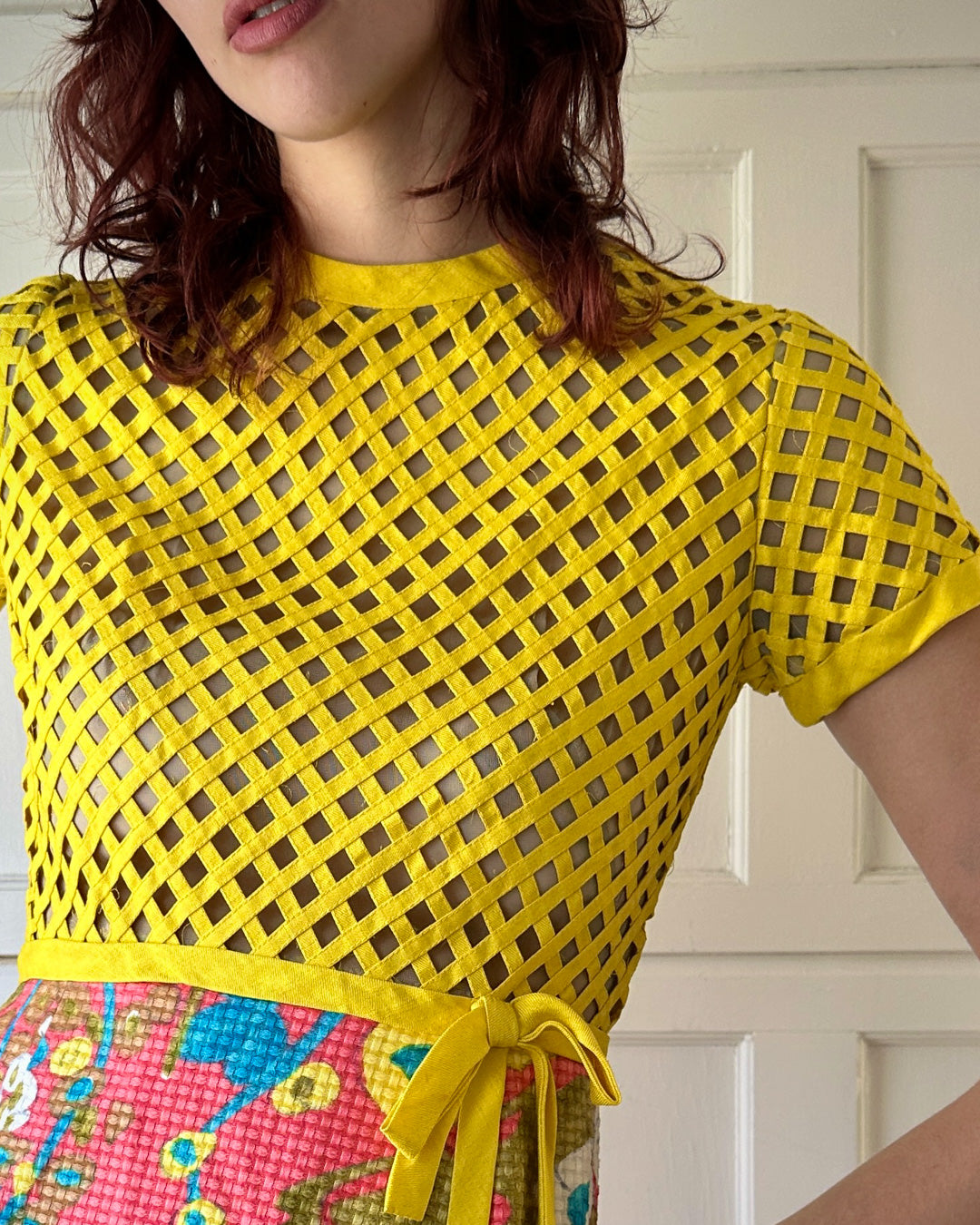70s Nude Illusion Lattice Dress | M