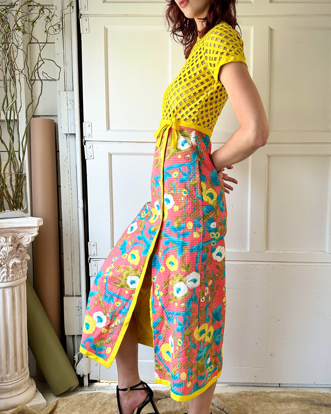 70s Nude Illusion Lattice Dress | M