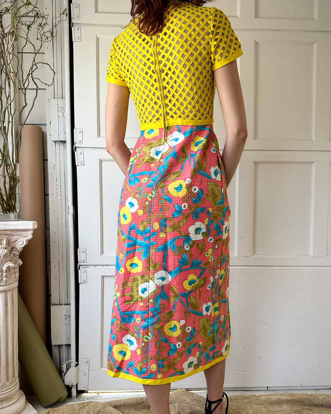 70s Nude Illusion Lattice Dress | M