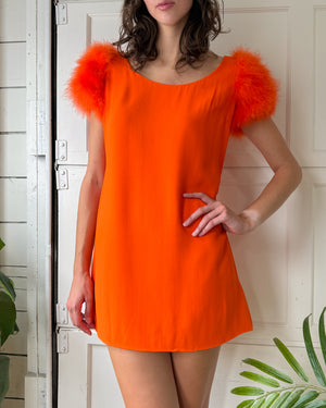 60s Orange Feather Mini Dress | M