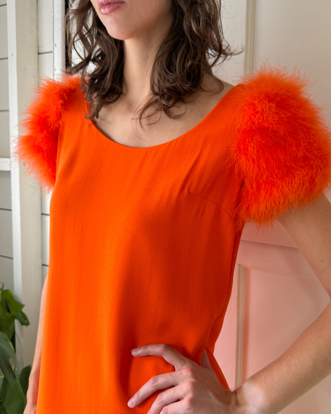 60s Orange Feather Mini Dress | M
