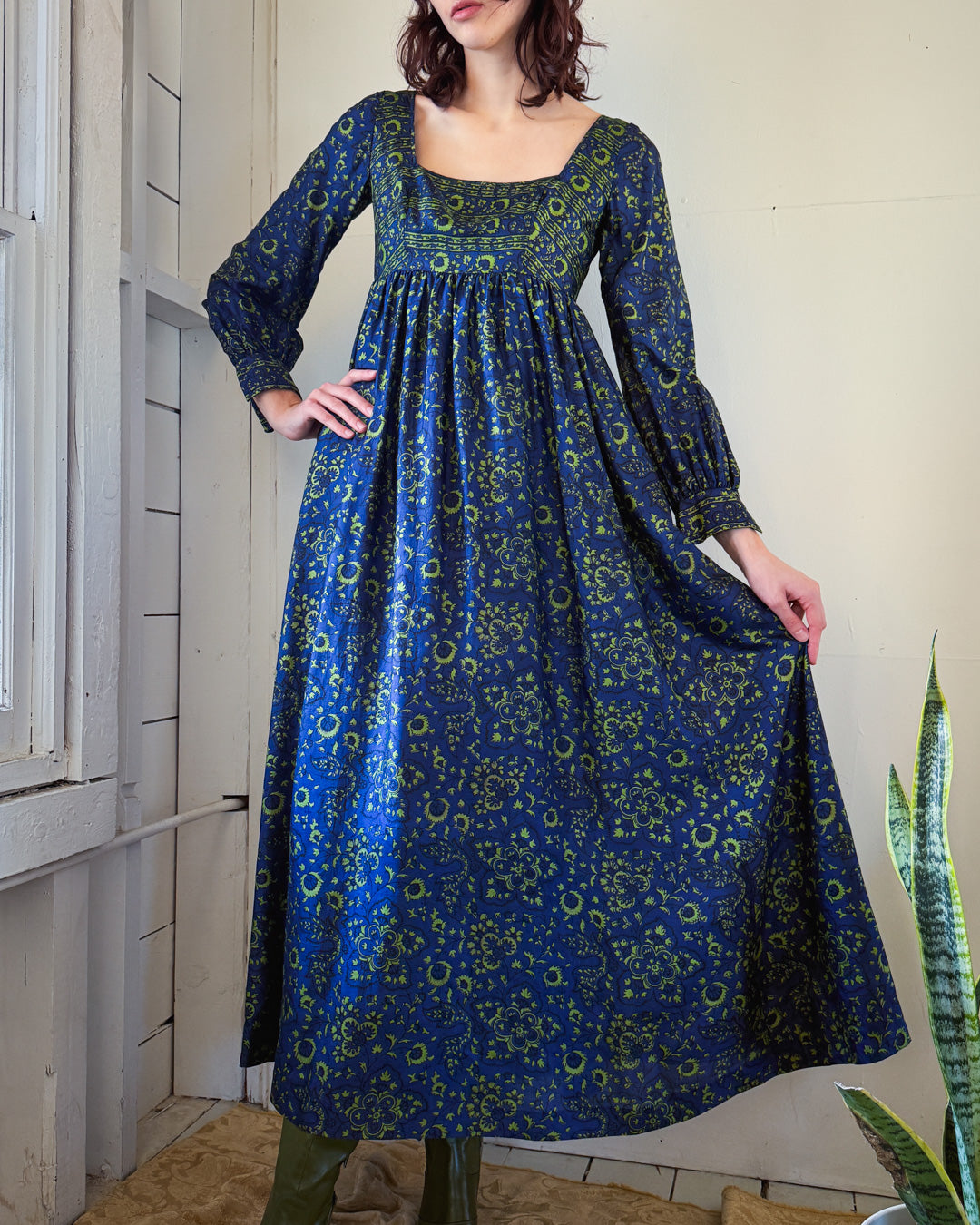 60s Silk Block Print Maxi Dress | S