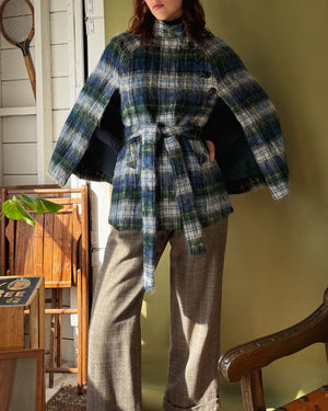 70s Belted Plaid Mohair Cape | XS-M