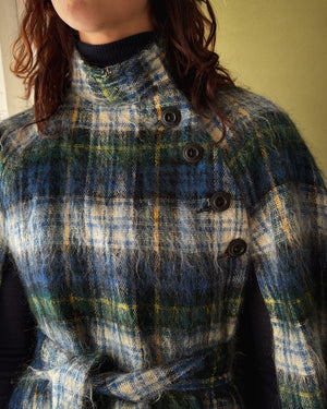 70s Belted Plaid Mohair Cape | XS-M