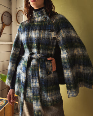 70s Belted Plaid Mohair Cape | XS-M