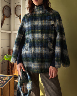 70s Belted Plaid Mohair Cape | XS-M
