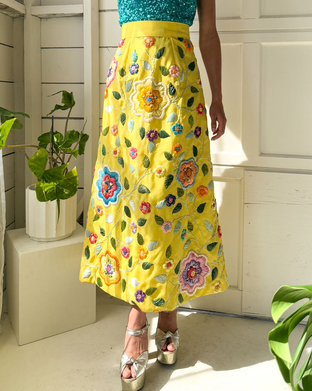 60s Floral Raffia Skirt | XS